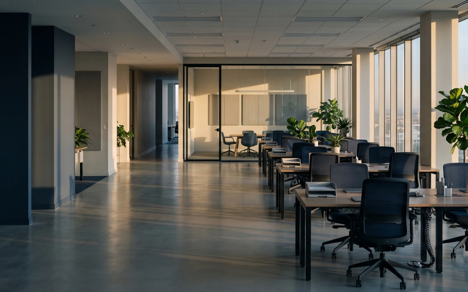 Modern open-plan office interior with polished floors and natural light